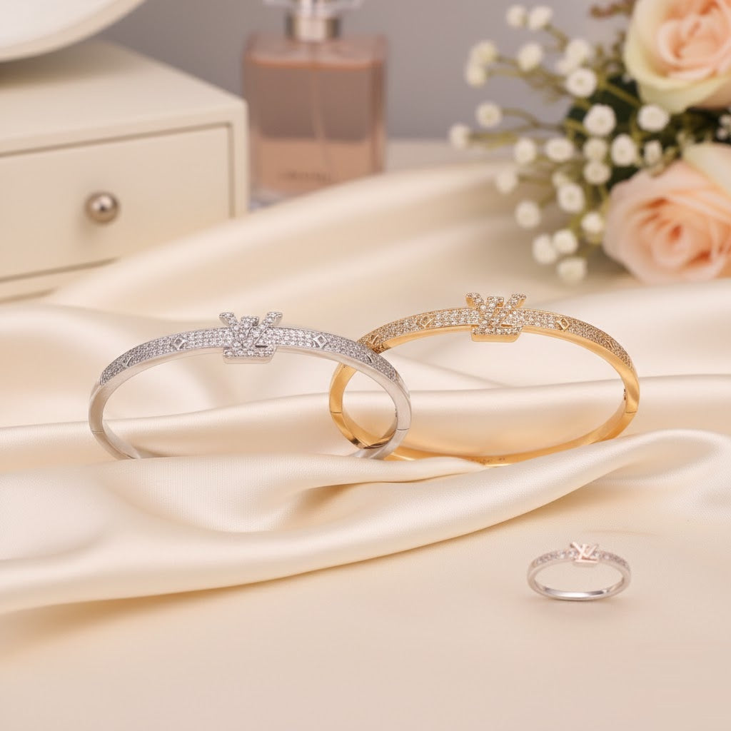 Luxury LV-Inspired Crown Bangle & Ring Set